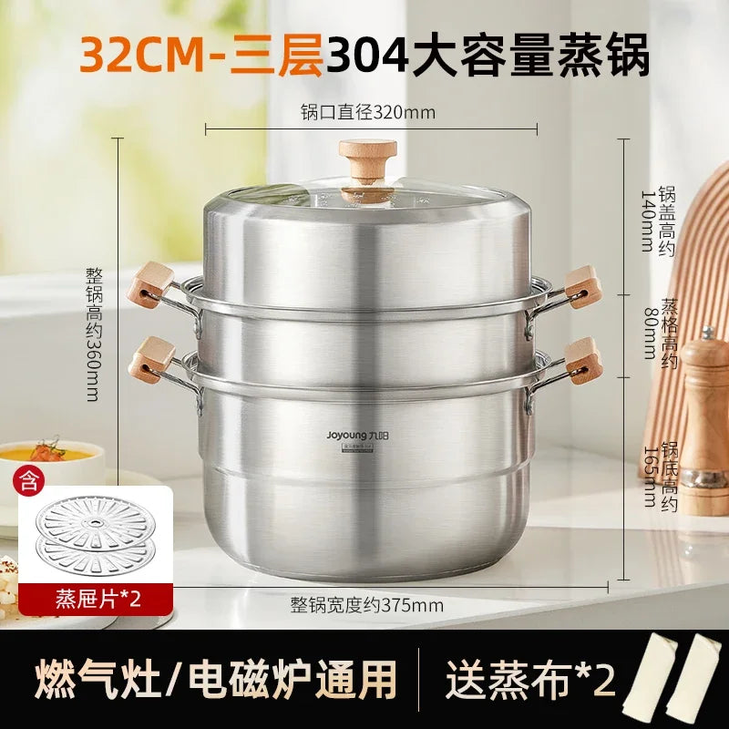 304 Stainless Steel Steamer Household Steamer Fish Steamed Bread Pot Three-layer Thickened Induction Cooker Gas Stove