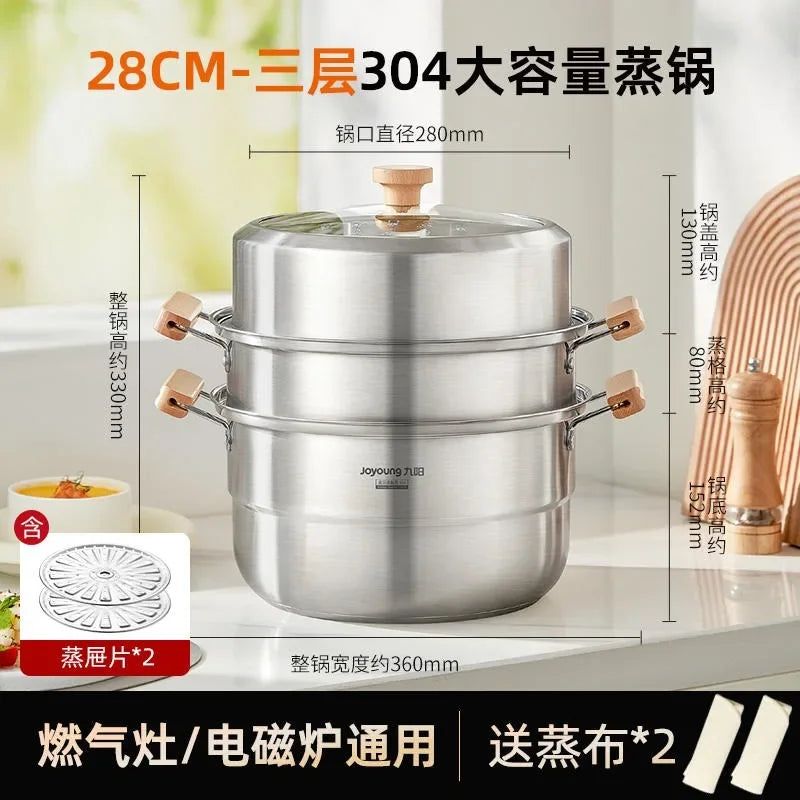 304 Stainless Steel Steamer Household Steamer Fish Steamed Bread Pot Three-layer Thickened Induction Cooker Gas Stove