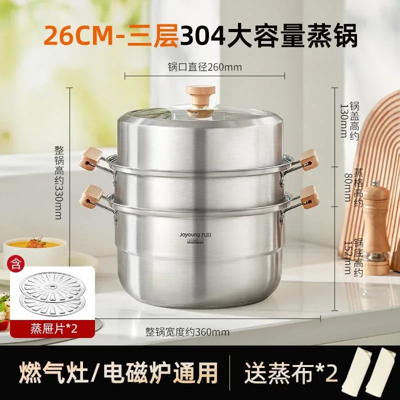 304 Stainless Steel Steamer Household Steamer Fish Steamed Bread Pot Three-layer Thickened Induction Cooker Gas Stove