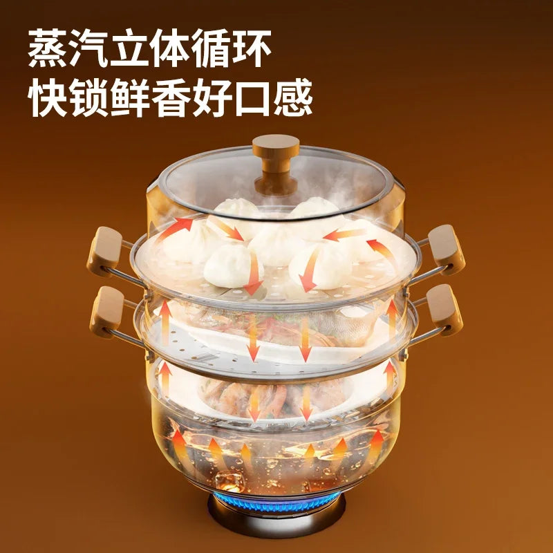 304 Stainless Steel Steamer Household Steamer Fish Steamed Bread Pot Three-layer Thickened Induction Cooker Gas Stove