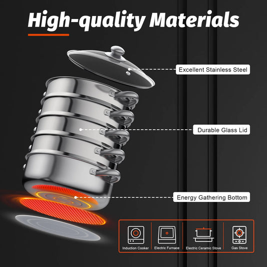 3/5Tiers Steamer Hot Pot Stainless Steel Cooker Steam Pot Food Cooking + Glass Lid