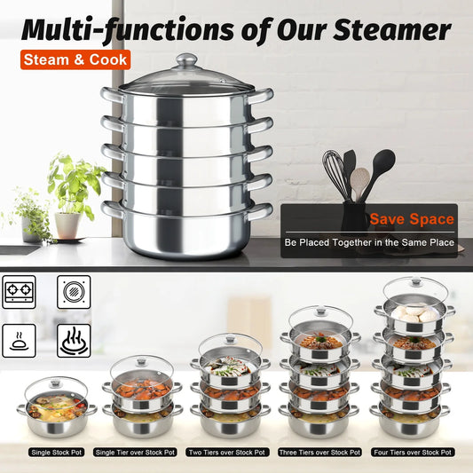 3/5Tiers Steamer Hot Pot Stainless Steel Cooker Steam Pot Food Cooking + Glass Lid