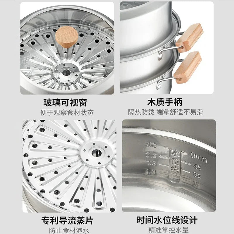 304 Stainless Steel Steamer Household Steamer Fish Steamed Bread Pot Three-layer Thickened Induction Cooker Gas Stove